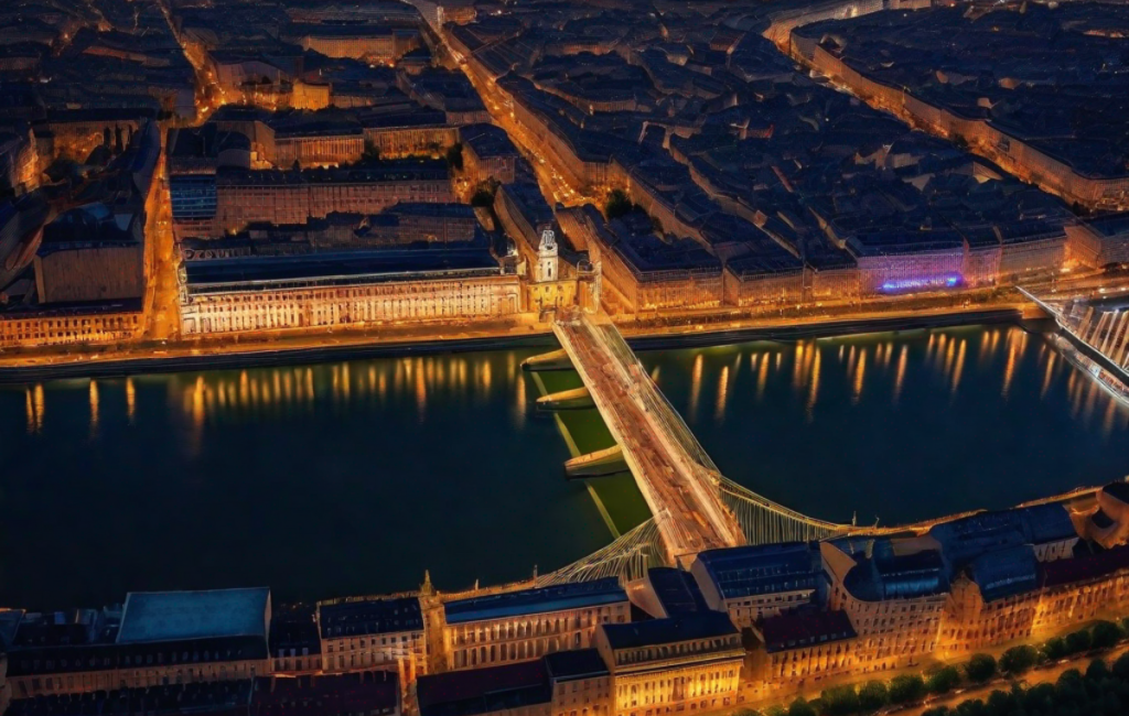 Vue aérienne de Lyon illuminée de nuit, avec ses monuments emblématiques, en préparation de la Coupe du monde de rugby