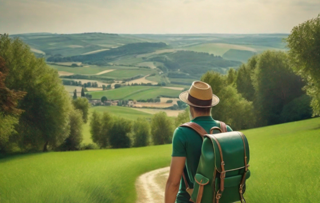 Un globe-trotteur avec sac à dos admirant un paysage verdoyant en France
