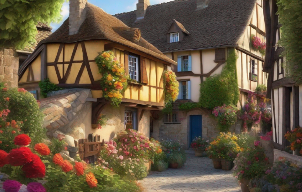 Esquelbecq, village pittoresque avec maisons à colombages et fleurs colorées