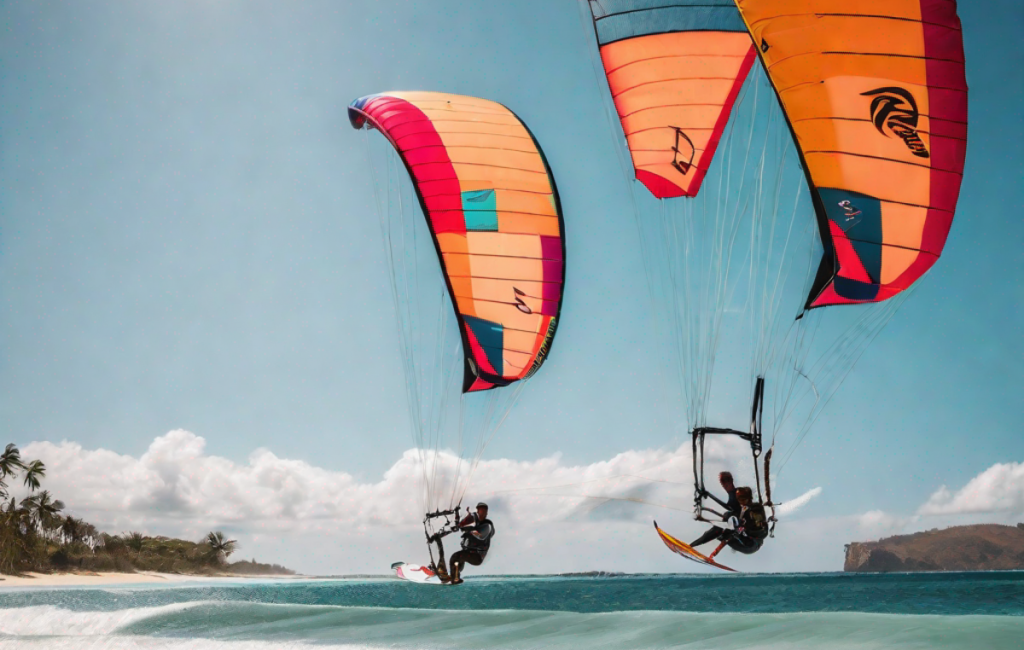 Festkite Madagascar : kitesurfeurs en action devant plage paradisiaque