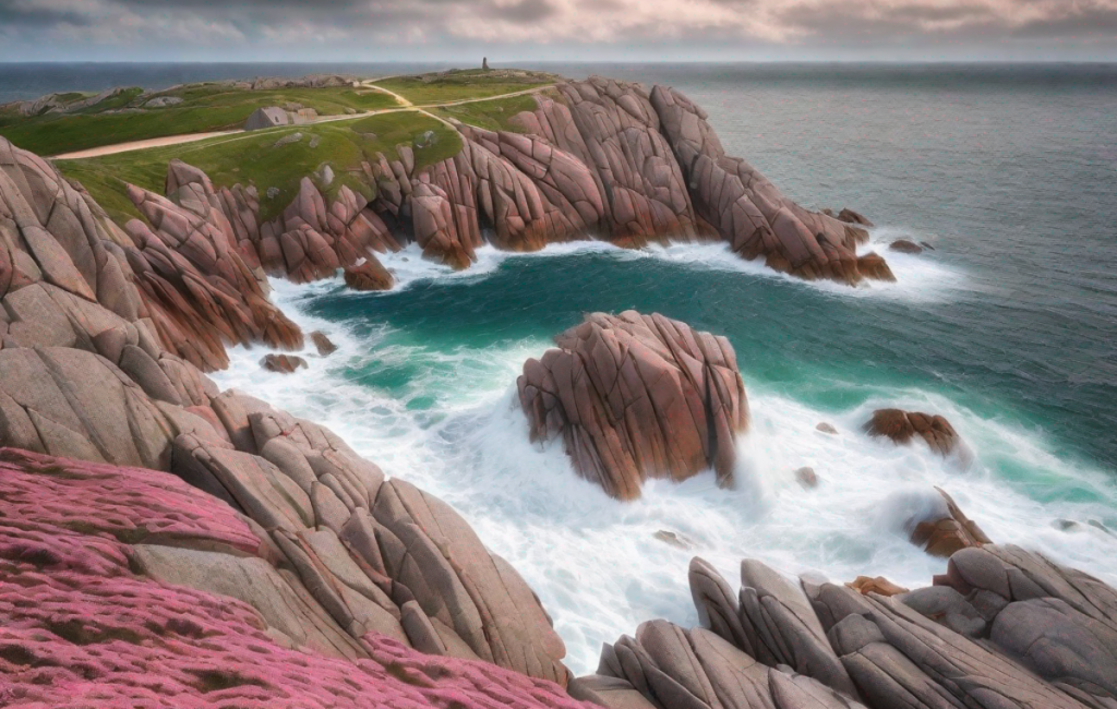 Côte de Granit rose en Bretagne sous un ciel nuageux