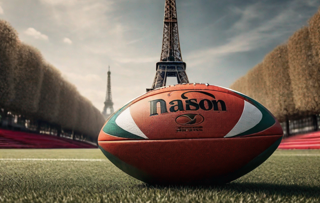 Ballon de rugby et Tour Eiffel en arrière-plan