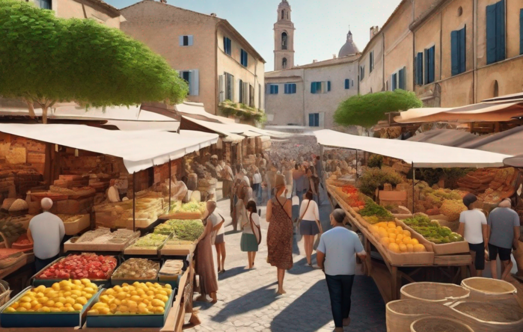 Vue panoramique d'un marché provençal animé par une foule diverse en 2023