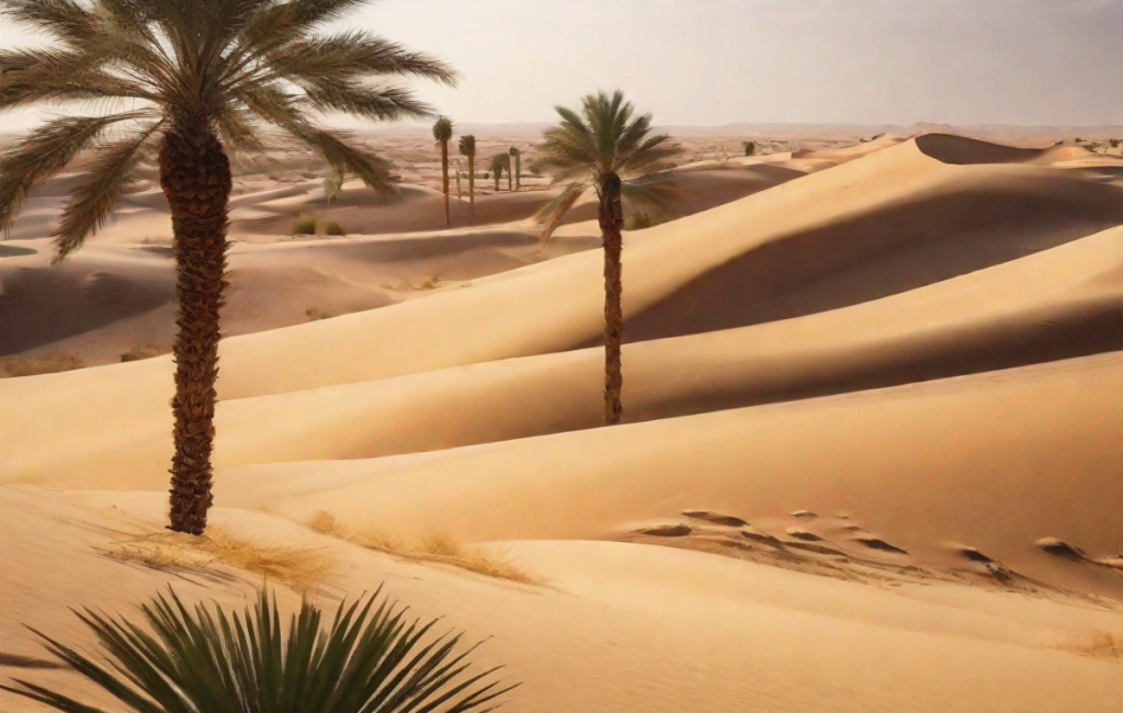 Un paysage désertique avec des dunes et des palmiers en Arabie Saoudite