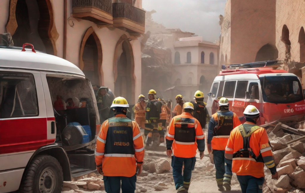 Marocains reconstruisant après séisme, touristes en arrière-plan