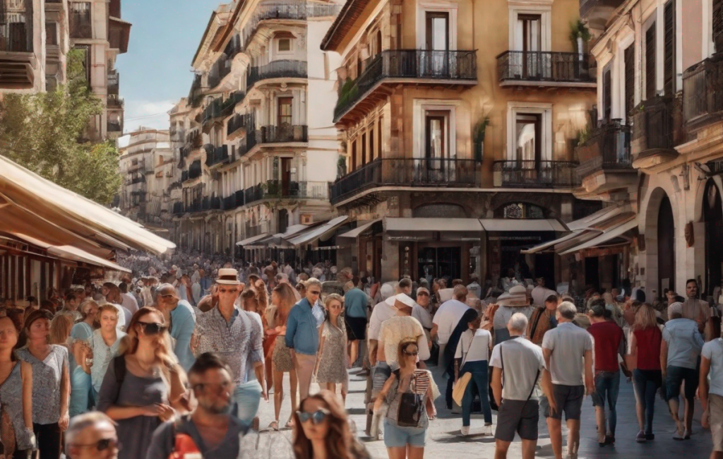 Foule de touristes dans une rue animée d'Espagne, habitants mécontents en arrière-plan