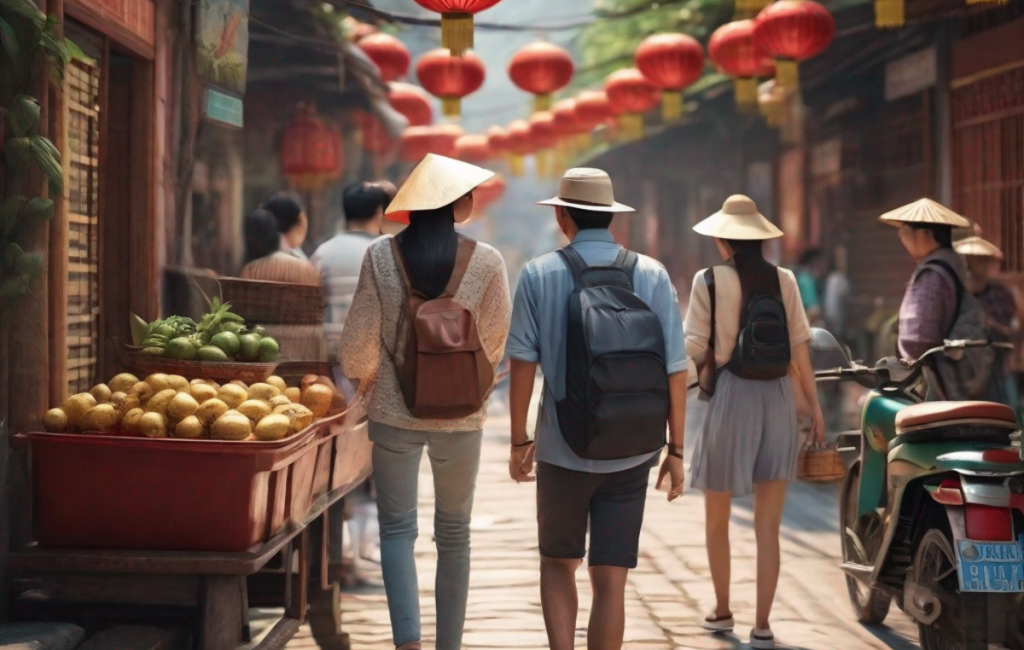 Scène animée de touristes explorant les rues vietnamiennes en 2023