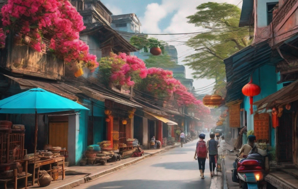 Touristes explorant une rue animée au Vietnam en 2023