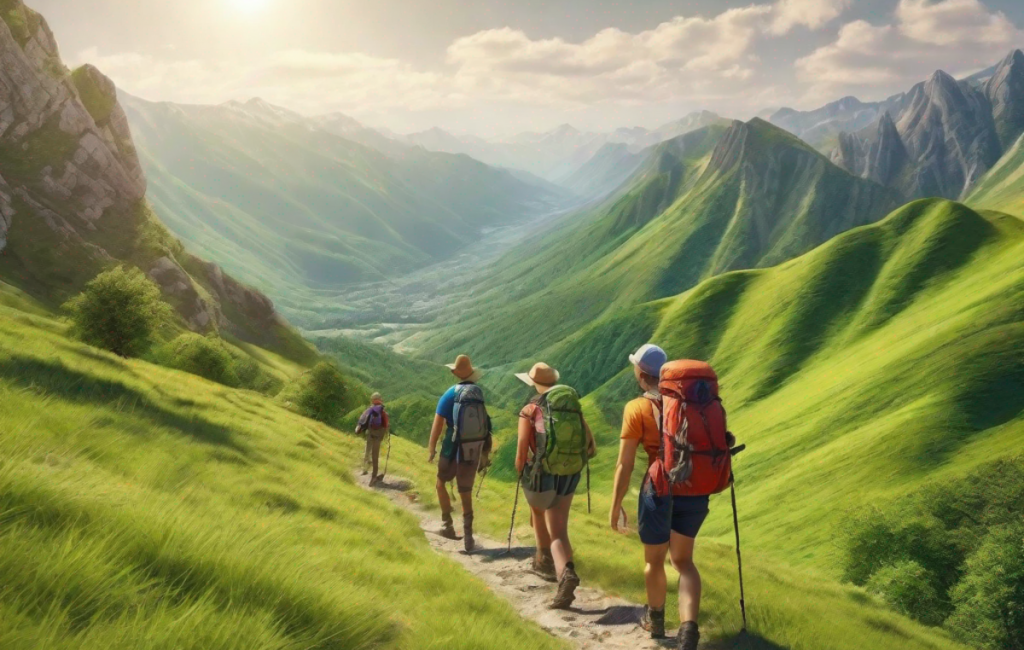 Randonneurs heureux profitant des montagnes verdoyantes