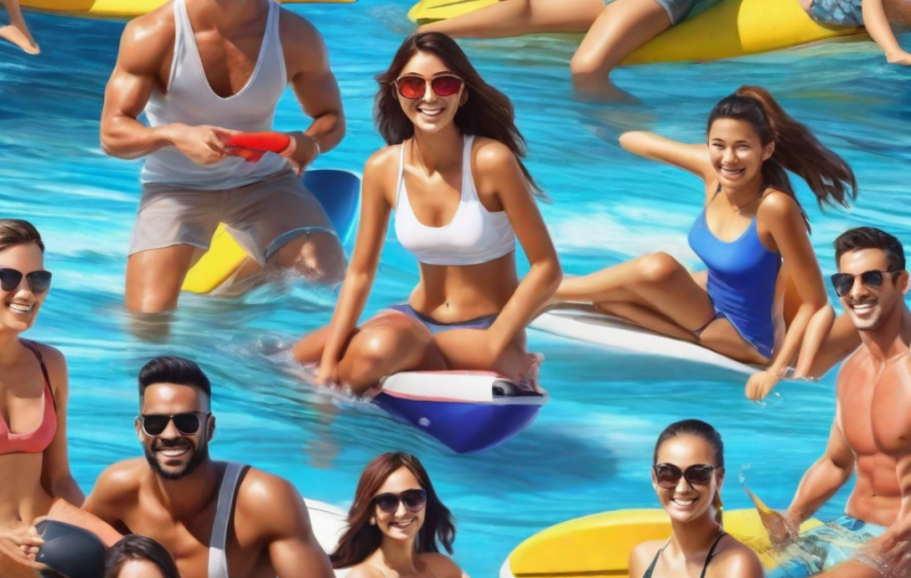Personnes pratiquant sports nautiques, souriantes et détendues