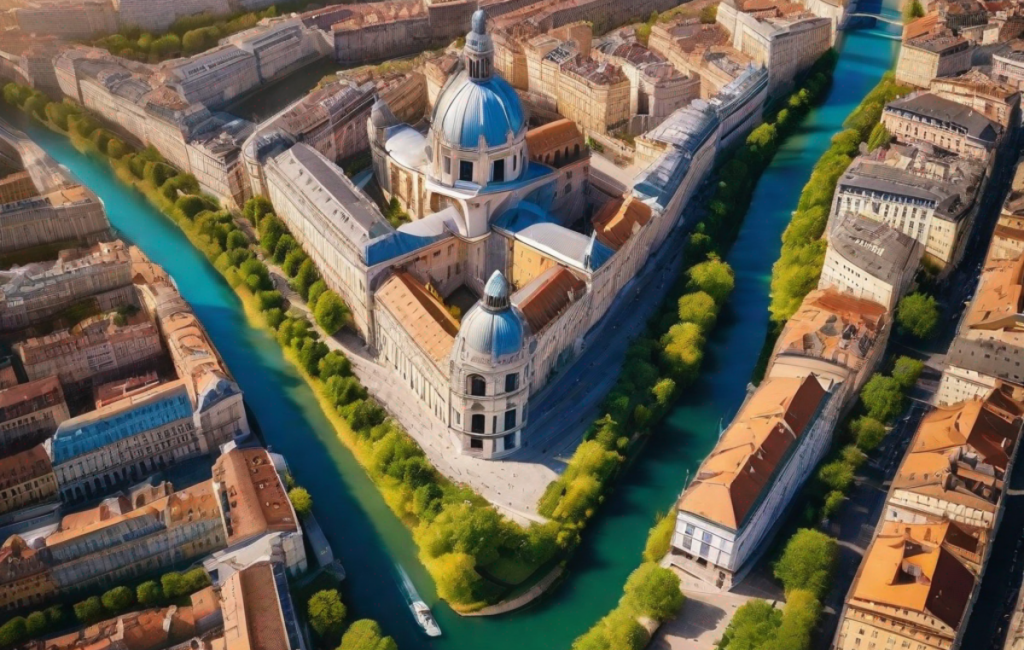 Vue aérienne de Lyon avec des lieux touristiques en été 2023