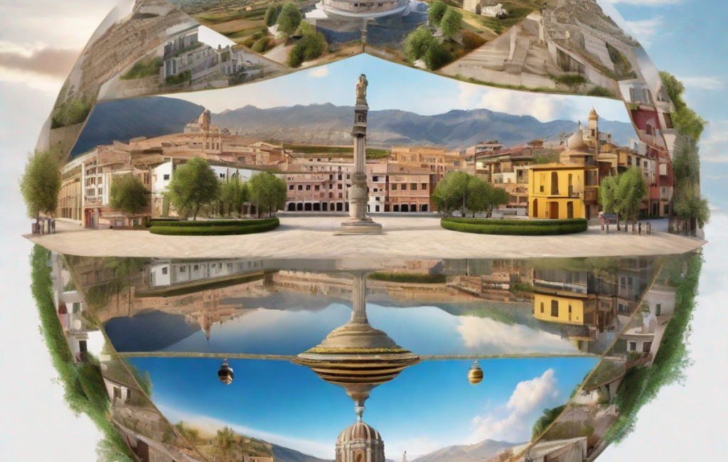 'Vue panoramique de Mesquer avec des symboles de tourisme, éducation et débats municipaux'