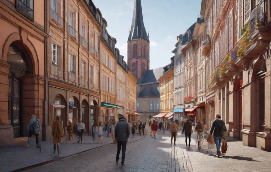 Touristes explorant les rues de Mulhouse en 2023