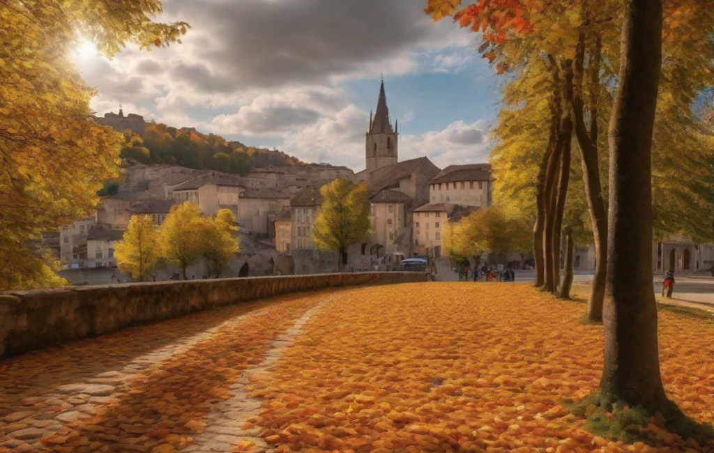 Feuilles d'automne à Figeac avec touristes et préparatifs