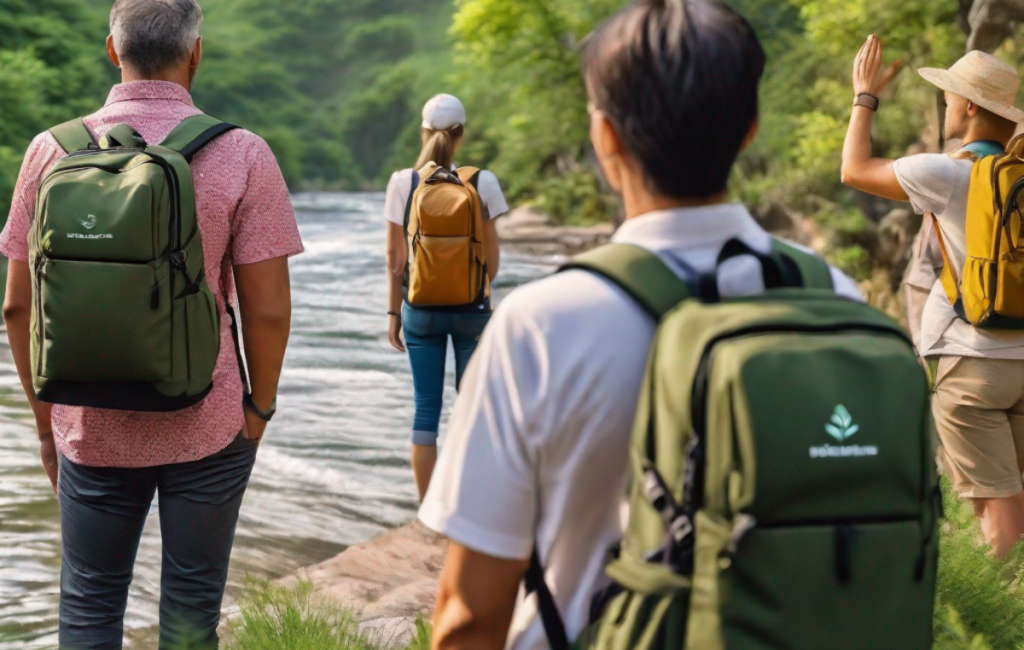 Touristes admirant la nature, sacs à dos et éco-gestes