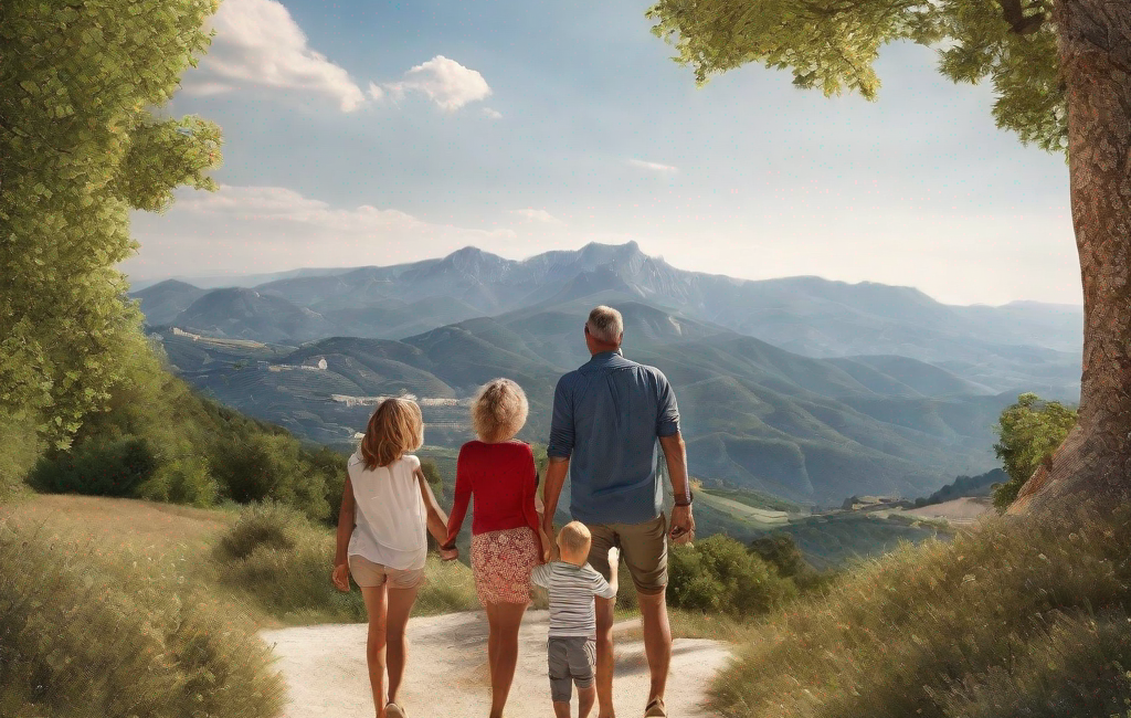 Famille heureuse devant le Mont Aigoual