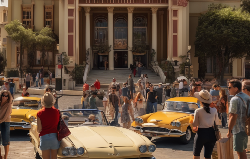 Touristes devant des décors de films