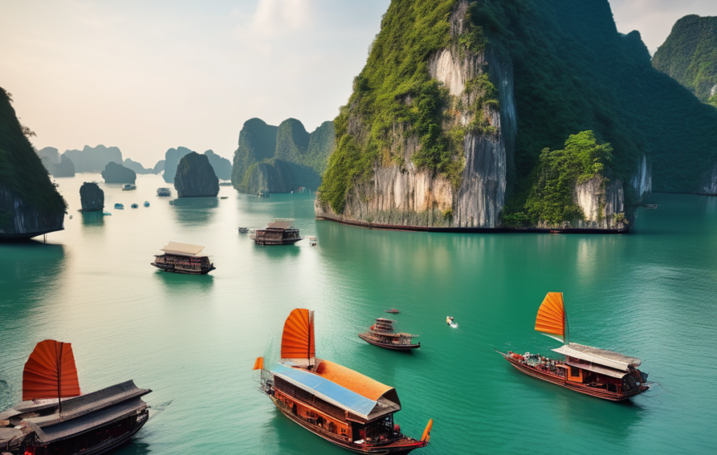 Touristes explorant la baie d'Halong
