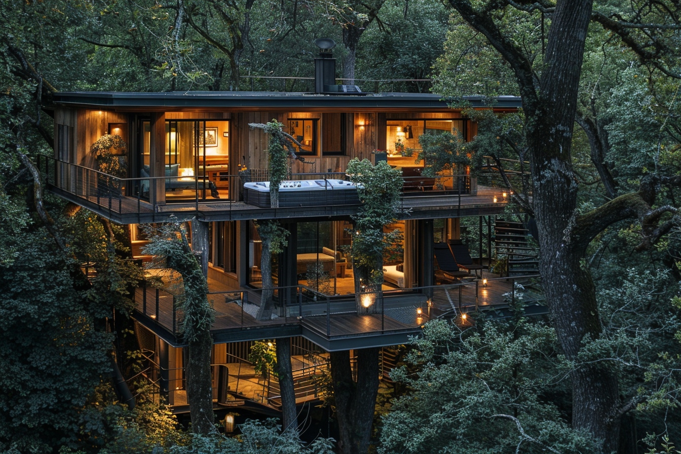 Cabane perchée entre les arbres en Rhône-Alpes  
Refuge arboré en région Rhône-Alpes