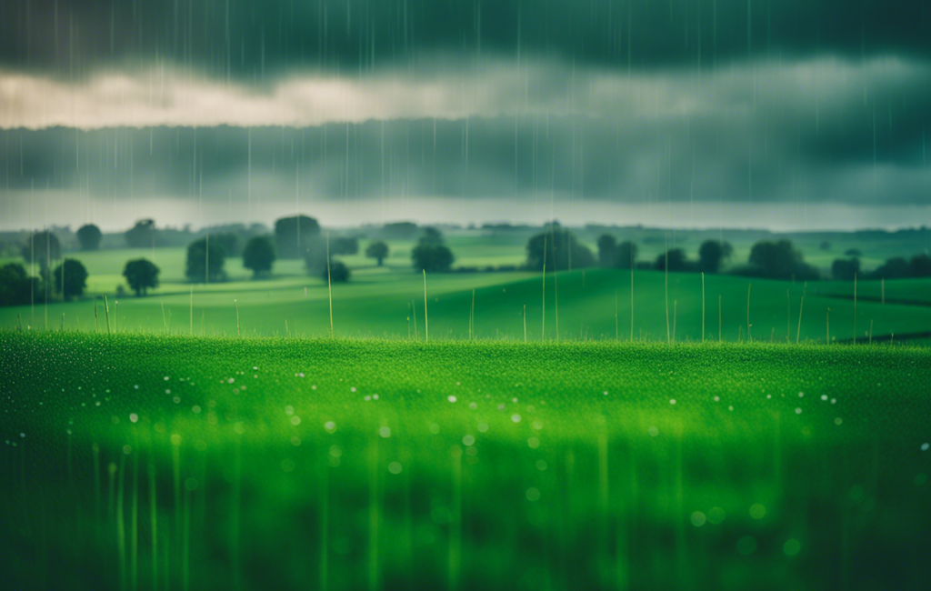 Pluie sur champs verts en Normandie, 2024
