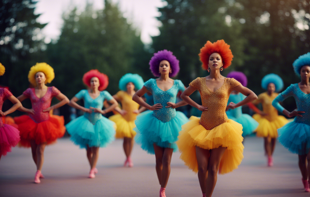 Danseurs en costumes colorés exécutant des pas rythmés