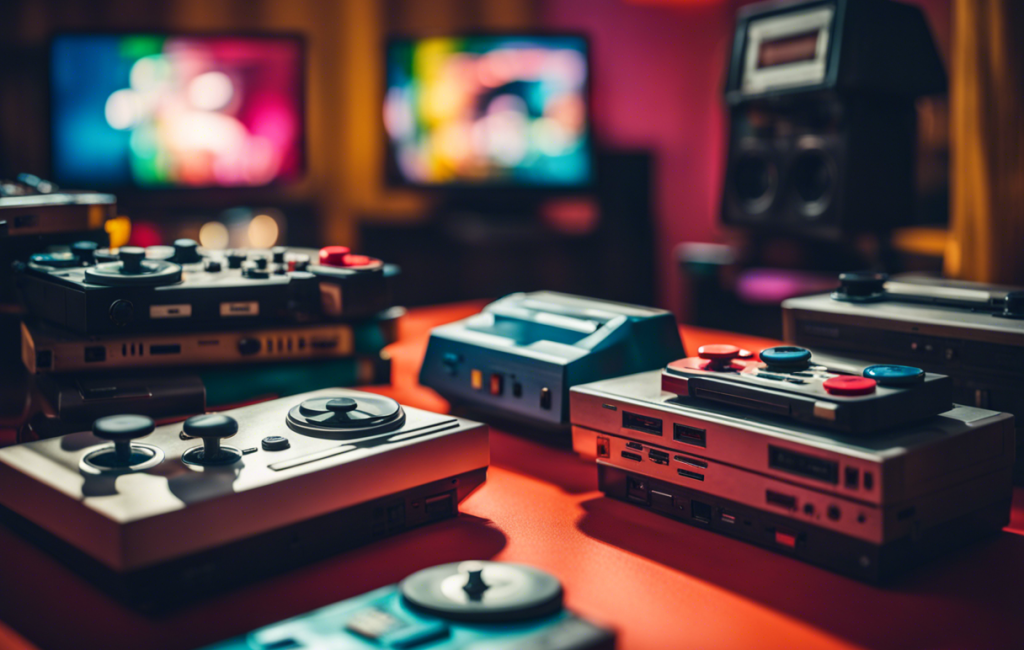 Un stand coloré avec des consoles vintage et des jeux