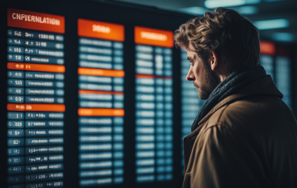 Un passager déçu regarde un écran d'annulations