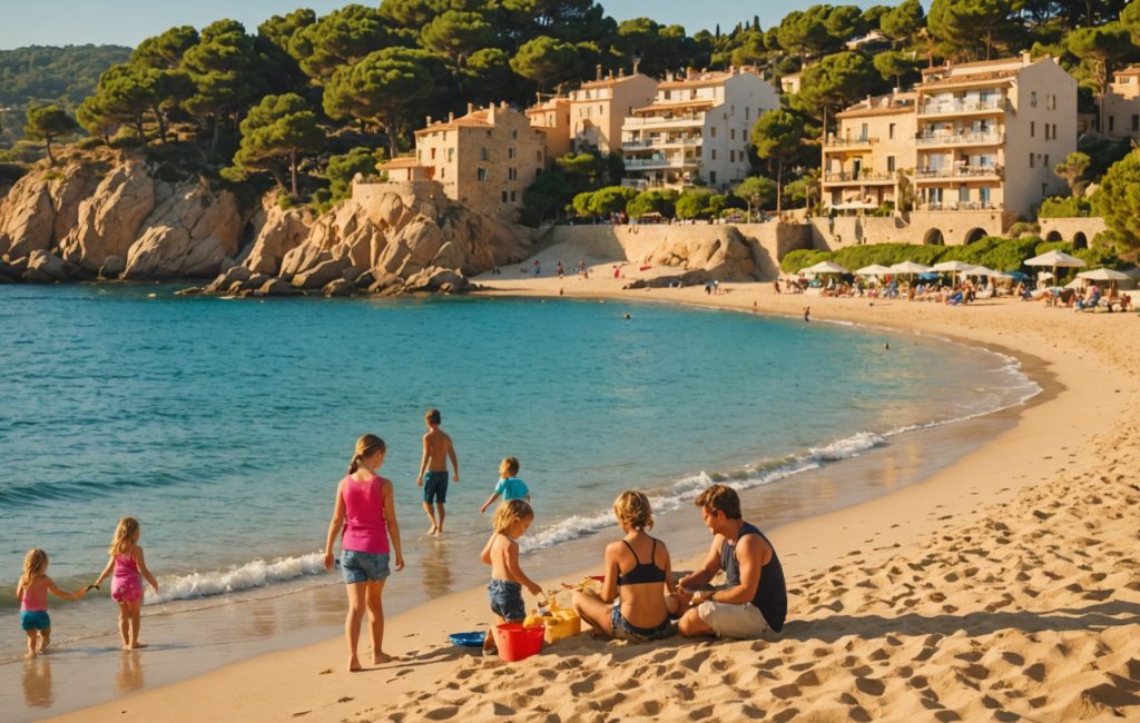 Plage ensoleillée avec enfants jouant dans le sable