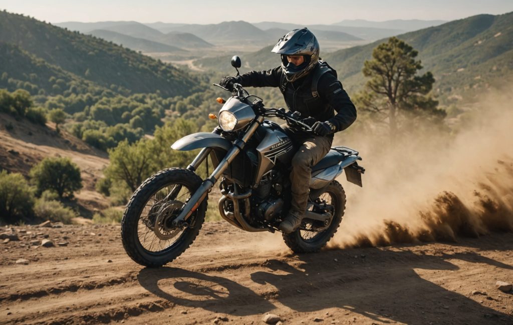 Moto tout terrain en action sur un terrain accidenté