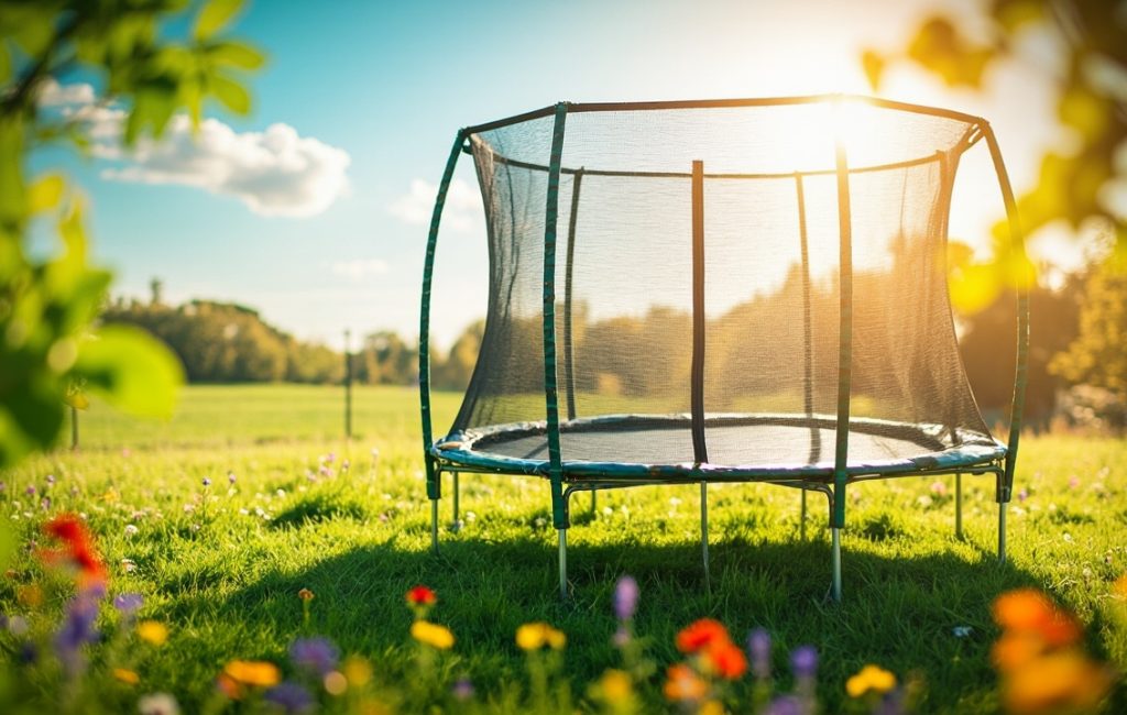 trampoline de grande taille dans un jardin ensoleill