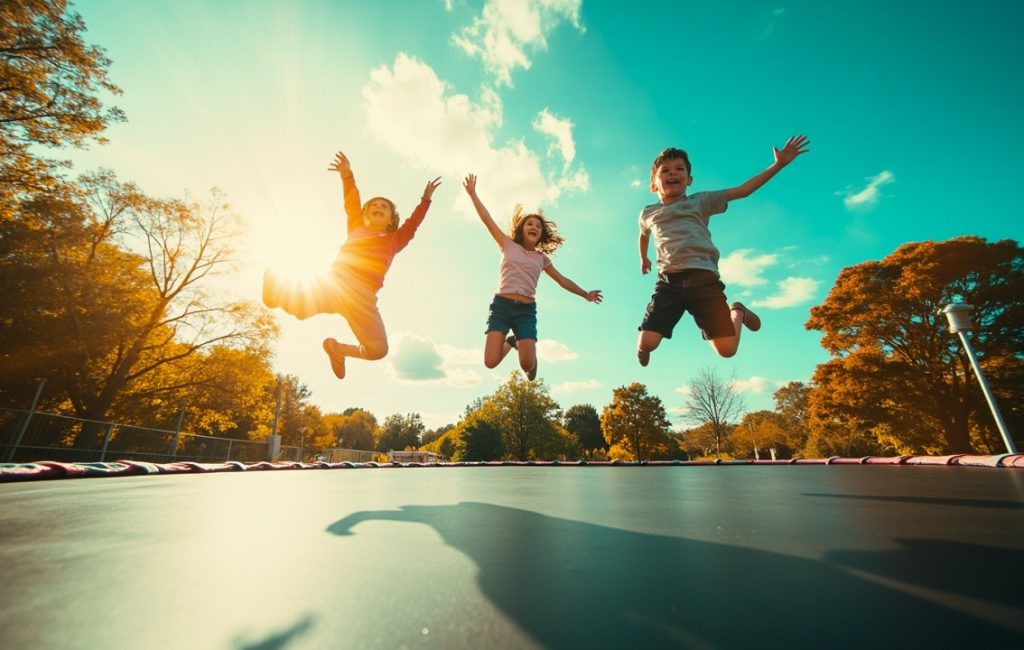 Trampoline avec elastique sur un fond vert