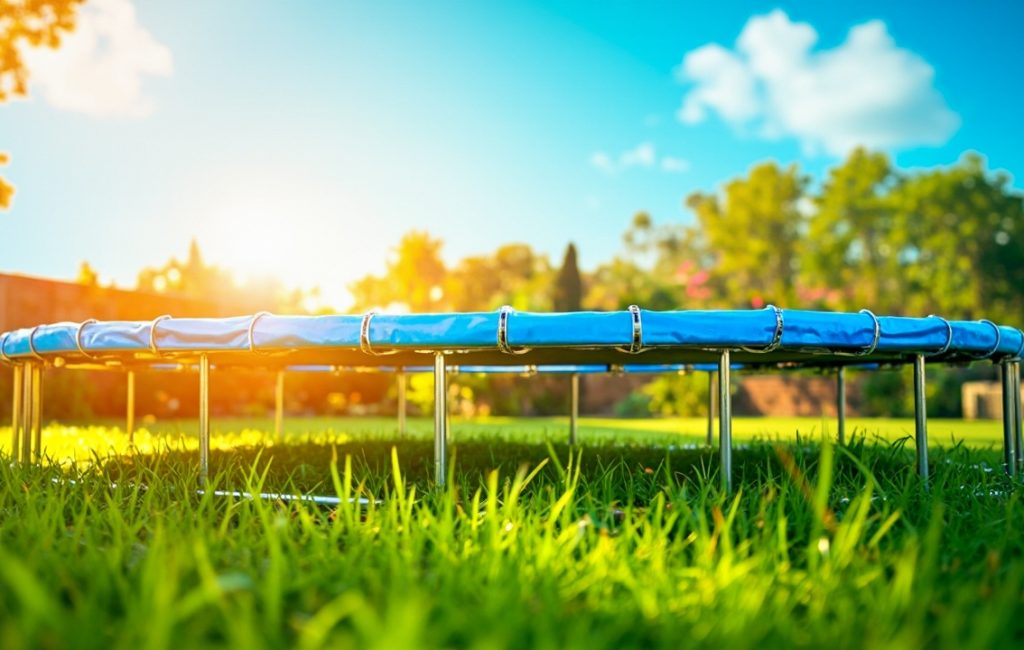 Trampoline de couleur vive dans un jardin ensoleill