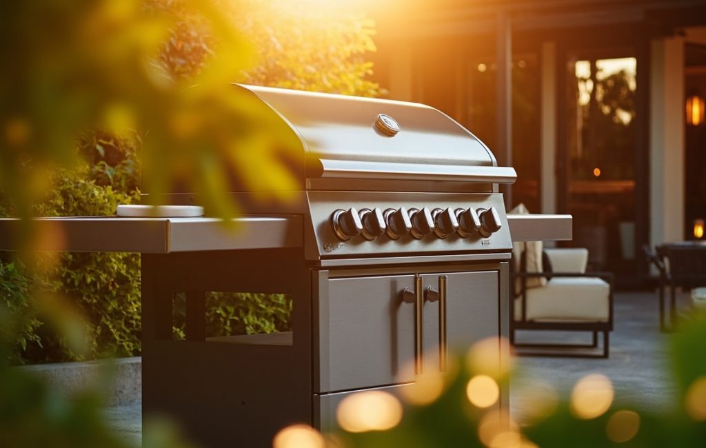 barbecue a gaz sur fond de jardin verdoyant